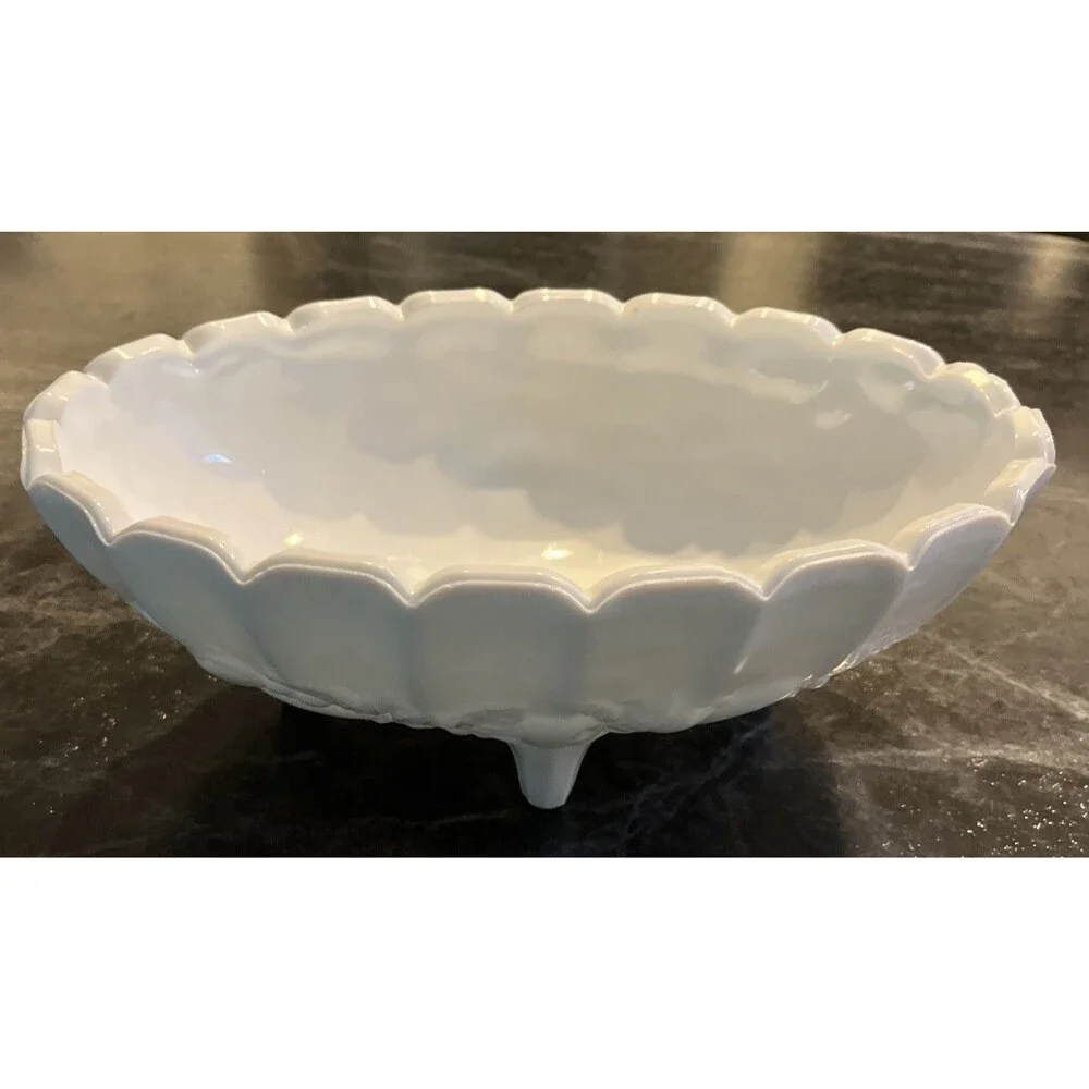 Vintage Indiana Glass Harvest Colony Embossed Oval Footed Milk Glass Fruit Bowl